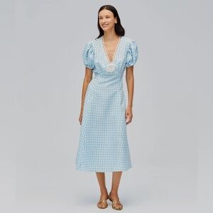 atlanta linen dress in blue vichy Atlanta Linen Strap Dress with Rose Detail in Blue Vichy
